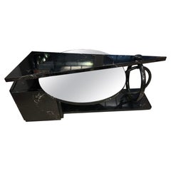 Black Geometric Coffee Table Marble Effect with Rotating Oval Mirror Top 1980