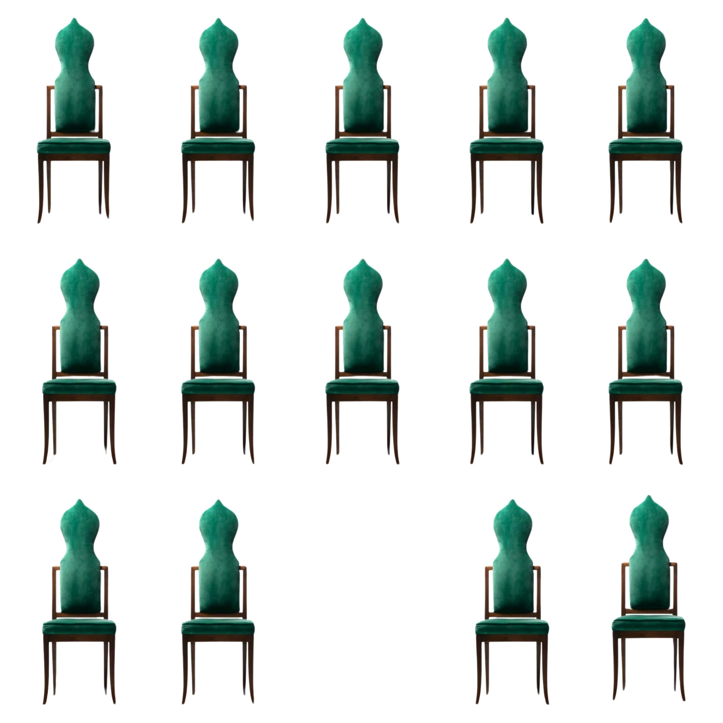 Set of 14 Tommi Parzinger Style Dining Chairs in Green Velvet with Walnut Frames For Sale