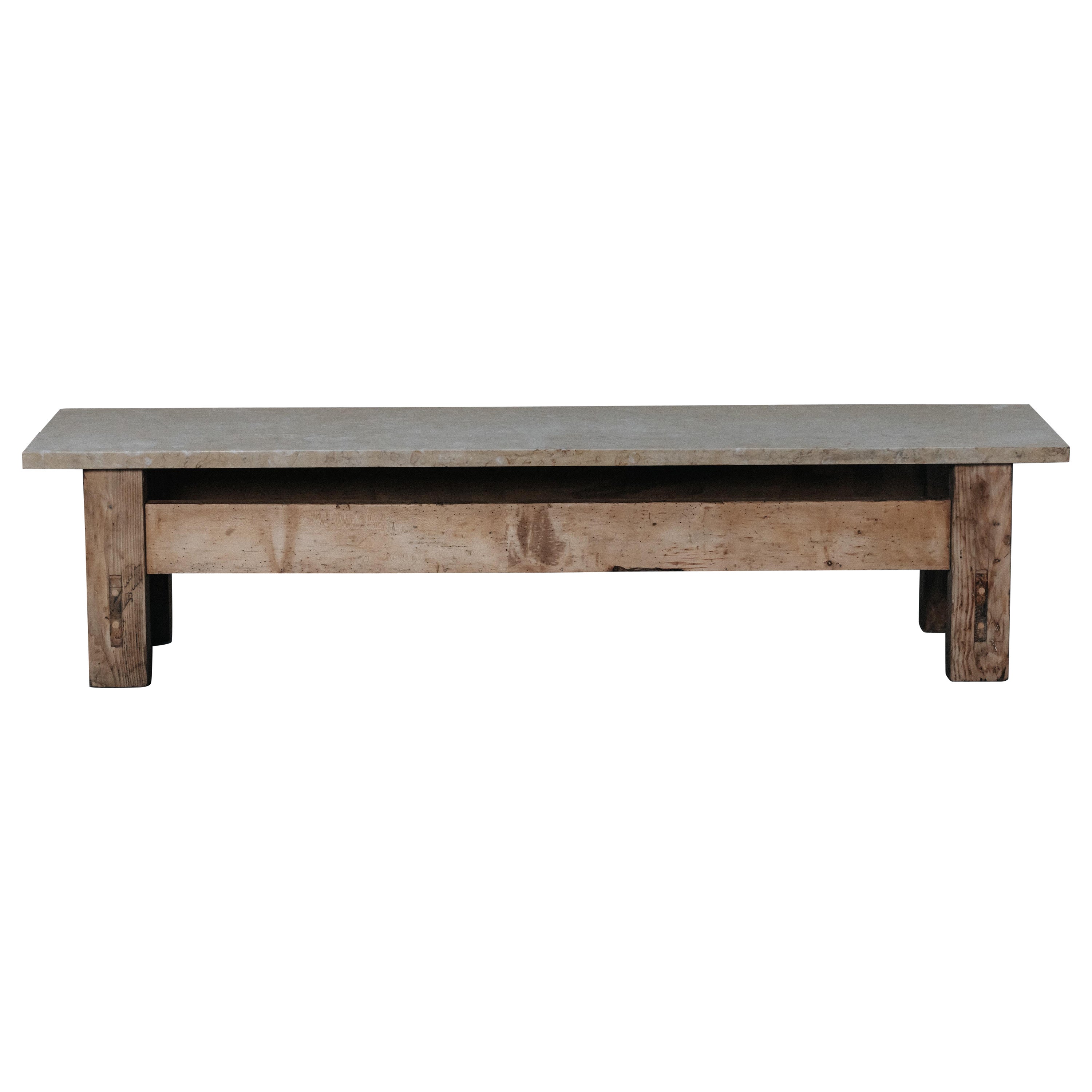 Vintage Oak And Marble Coffee Table From France, Circa 1970s For Sale