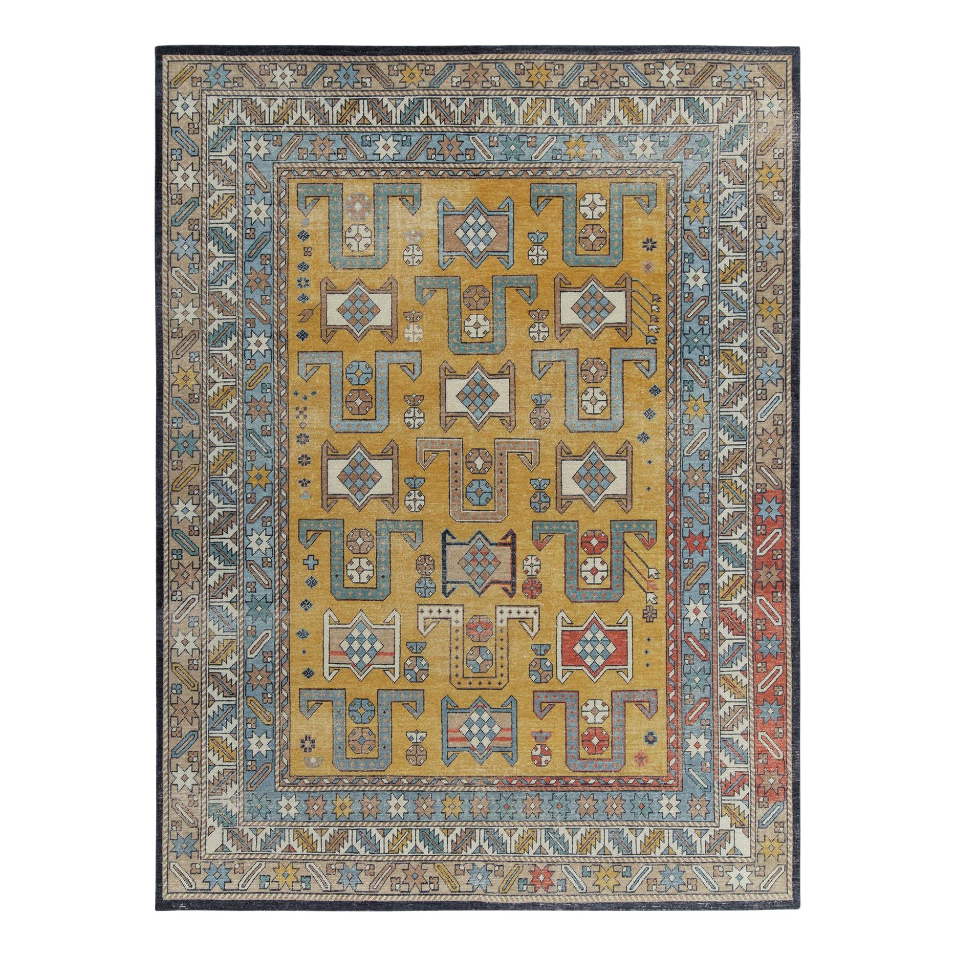 Rug & Kilim's Distressed Style Rug in Blue, Gold and Beige Geometric Pattern For Sale