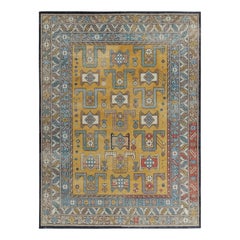 Alfombra de estilo desgastado Rug & Kilim con diseño geométrico azul, dorado y beige