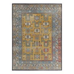 Rug & Kilim's Distressed Style Rug in Blue, Gold and Beige Geometric Pattern