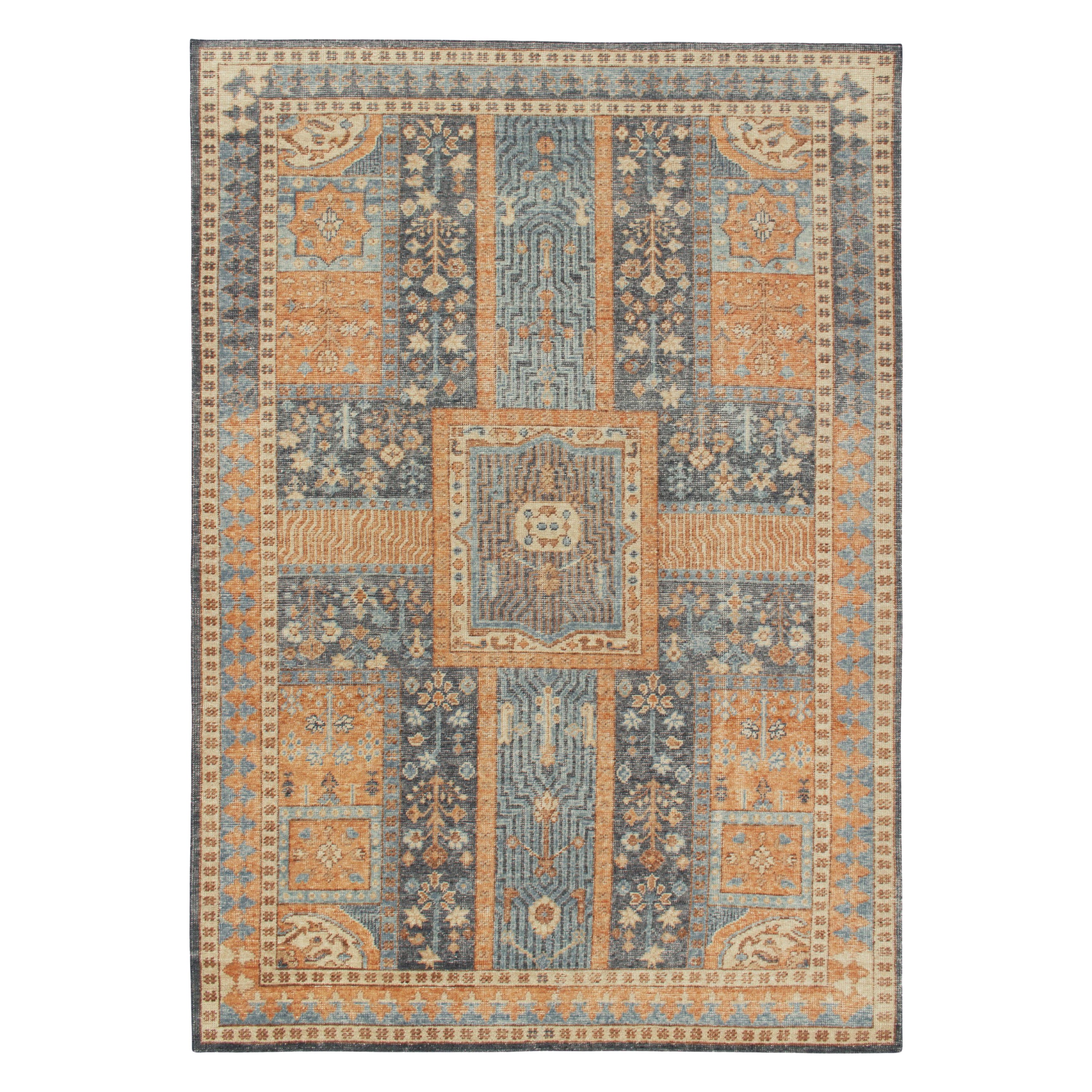 Rug & Kilim's Antique Persian Style Distressed Rug in Blue, Gold Garden Pattern For Sale