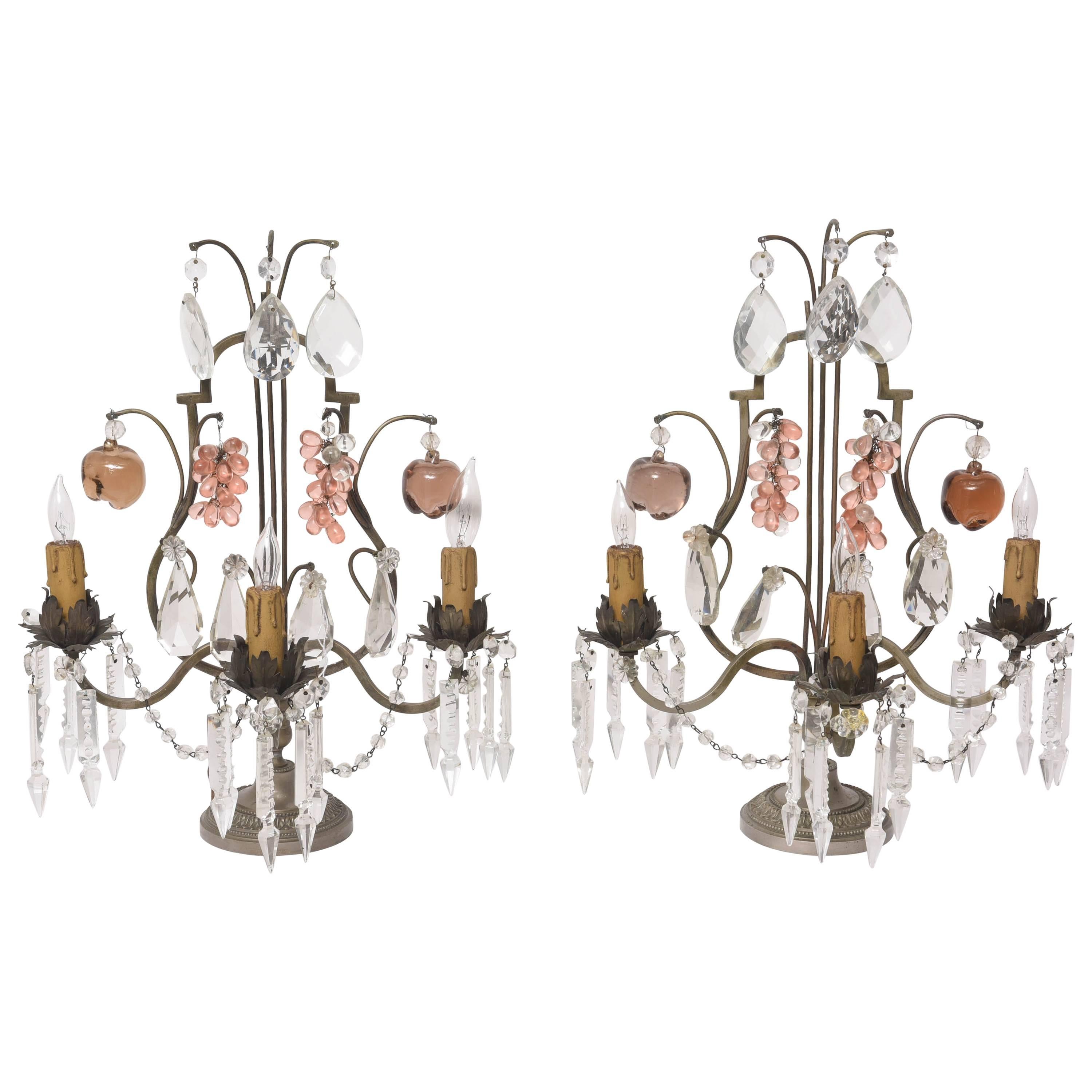 Pair of Bronze and Crystal Louis XV Style Three-Light Girandoles