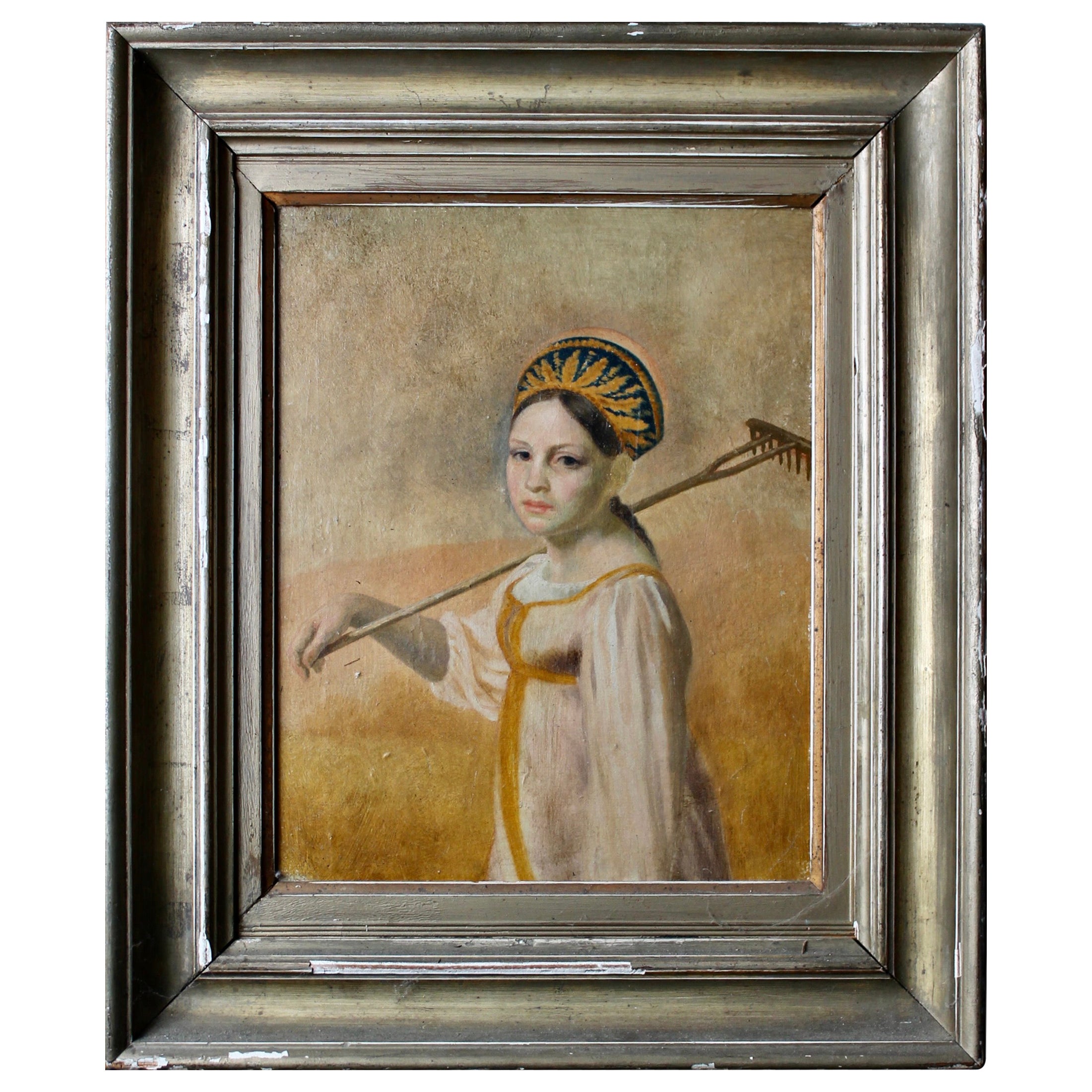 Ukrainian Woman in Peasant Dress with Rake For Sale