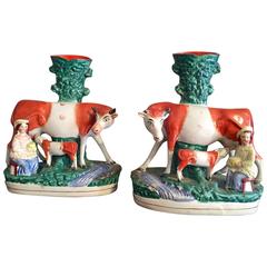 Charming and Rare Pair of Staffordshire Cow Vases