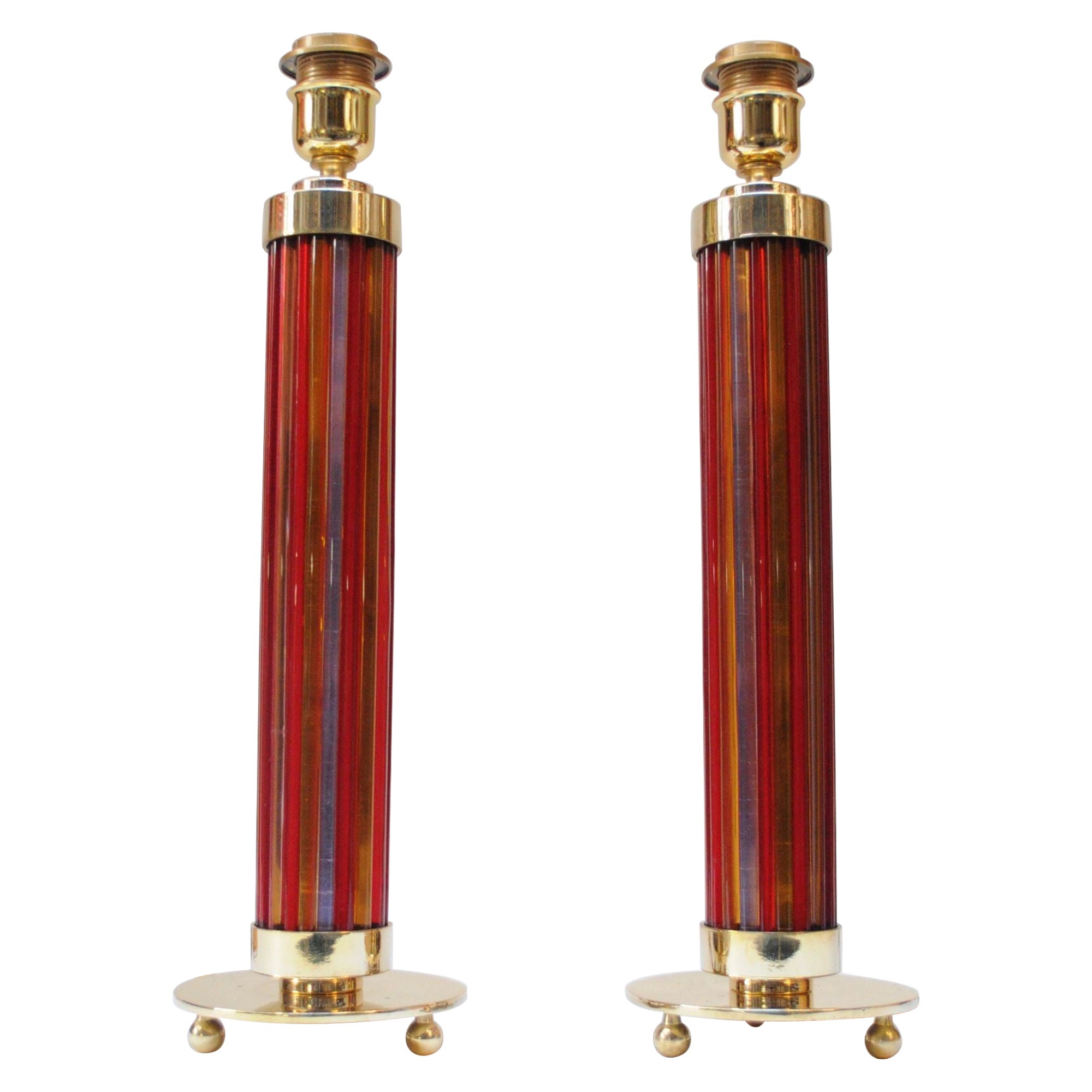 Pair of Italian Modernist Murano Reeded Glass and Brass Column Table Lamps