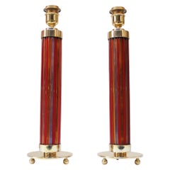 Retro Pair of Italian Modernist Murano Reeded Glass and Brass Column Table Lamps
