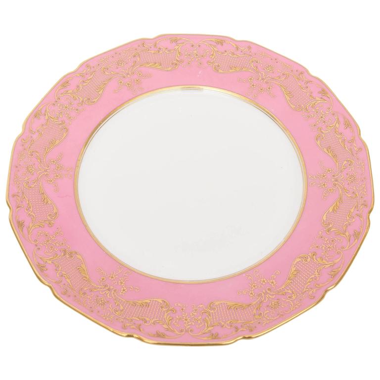 12 Antique Dinner Plates with Raised Gold on Pink, Royal Doulton