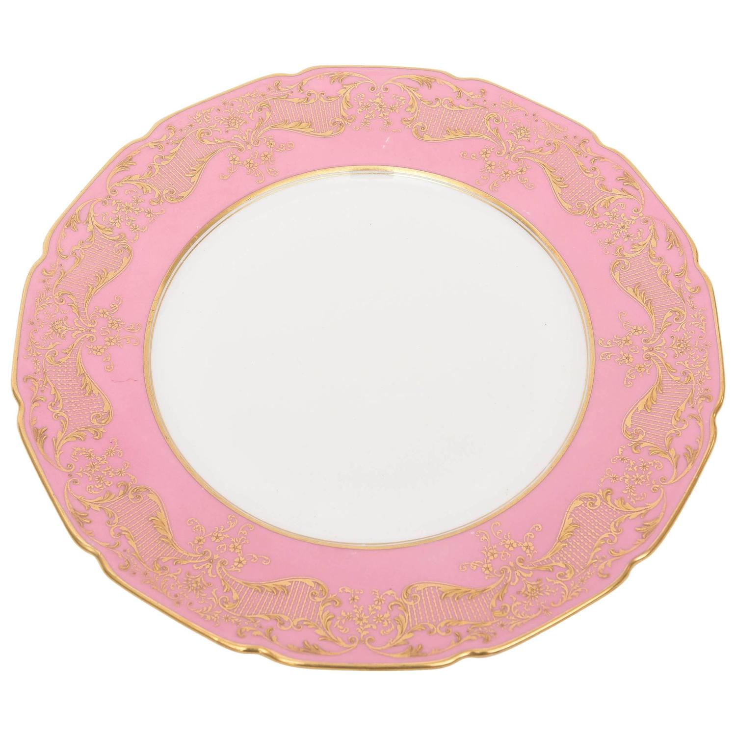 12 Antique Dinner Plates with Raised Gold on Pink, Royal Doulton