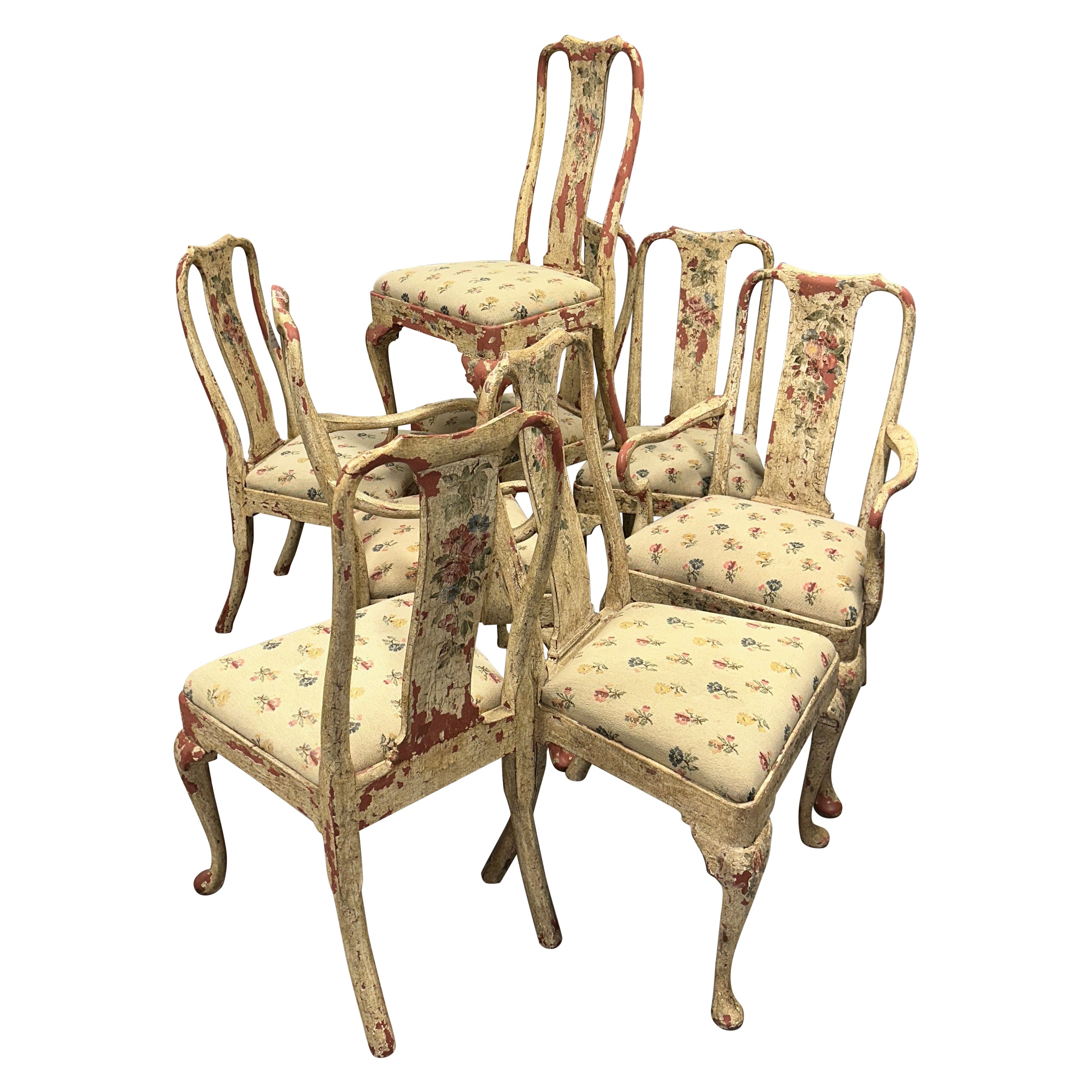 Set of 8 Painted Chippy Dining Chairs with Needlepoint Floral Seats For Sale