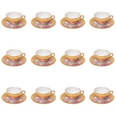 Set of 12 Hand-Painted and Gilt Encrusted Cup and Saucers, 24 Pieces Total