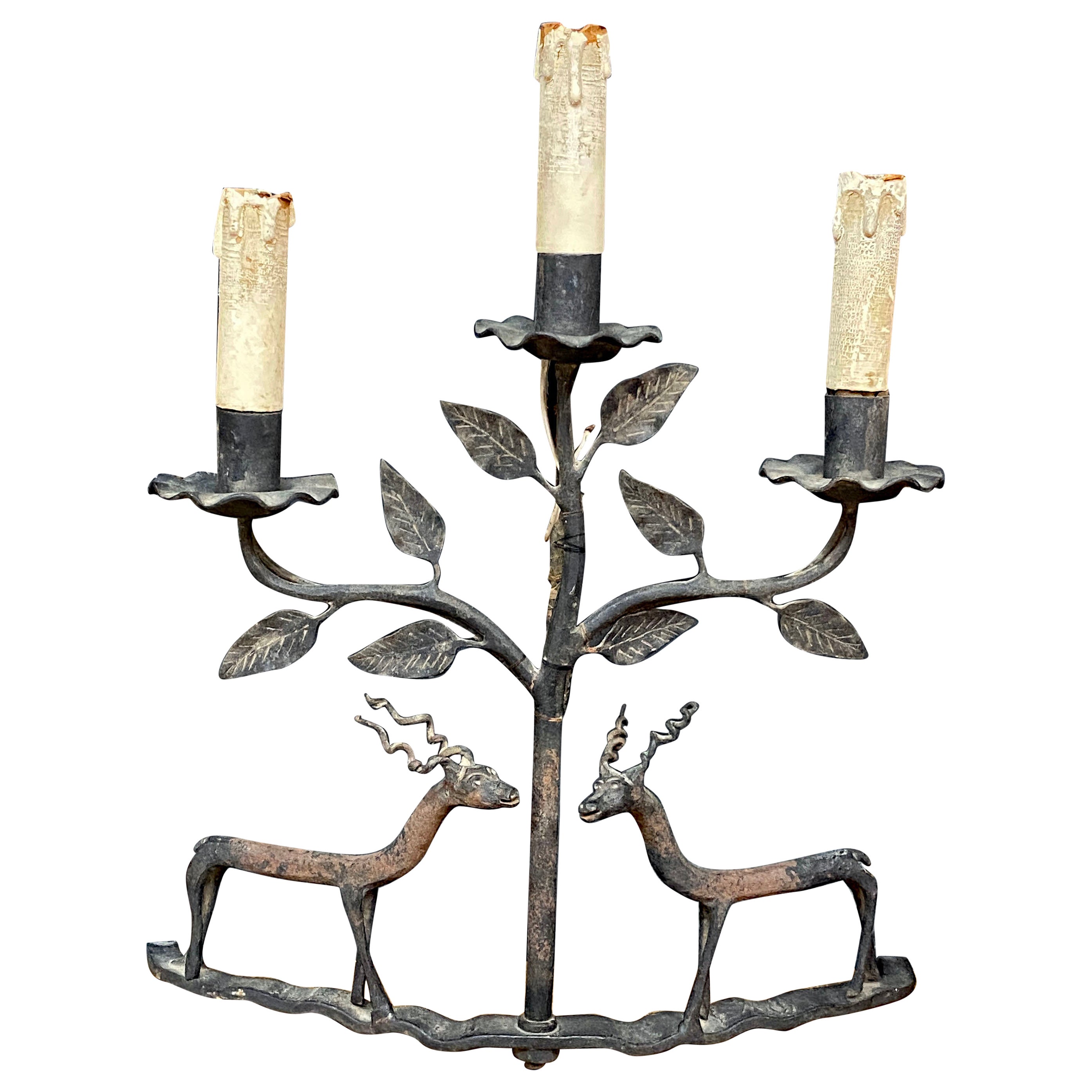 Popular Art, table lamp or wall lamp in wrought iron circa 1950 For Sale