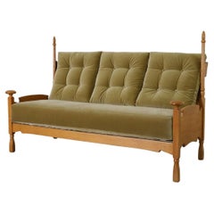 Used Brutalist Oak and Leaf Velvet Throne-Like Sofa with Ornate Finials