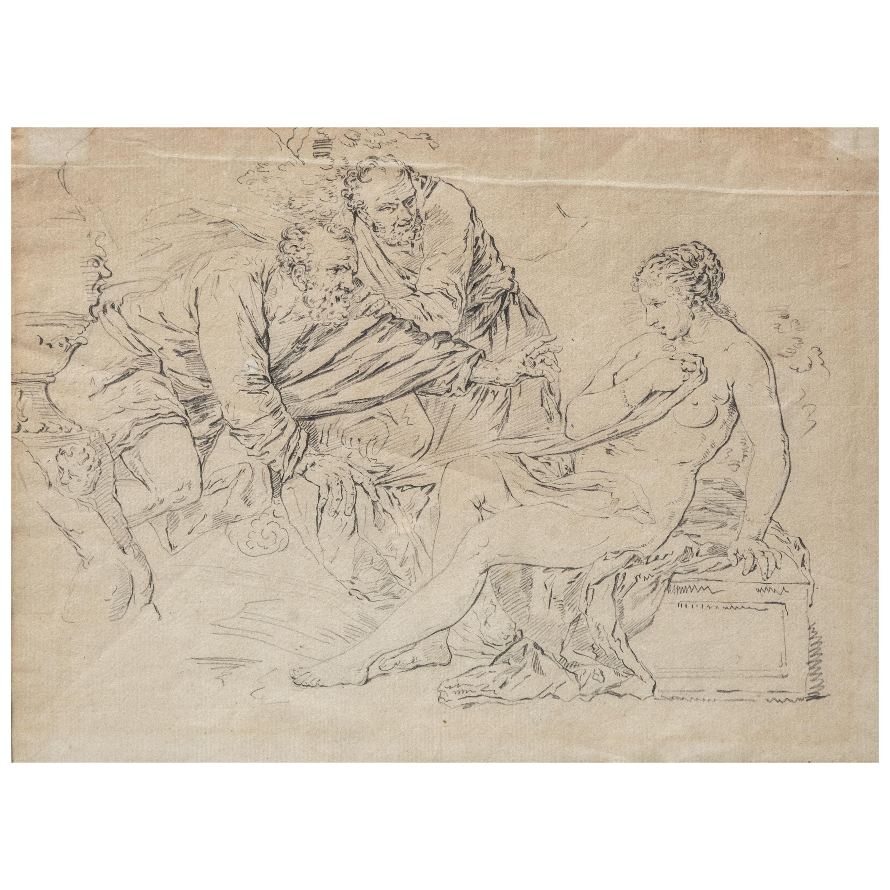Alte Meister-Zeichnung „Suzanne und die Älteren“, 18. Jahrhundert im Angebot