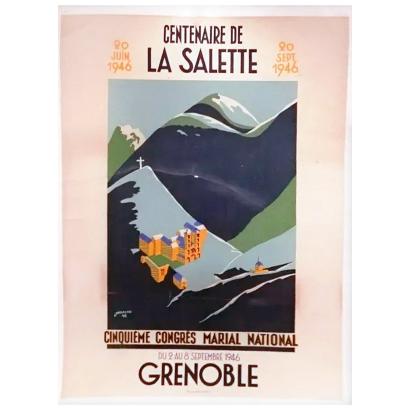 Affiche vintage originale de Grenoble, Centenaire de La Salette, 1946