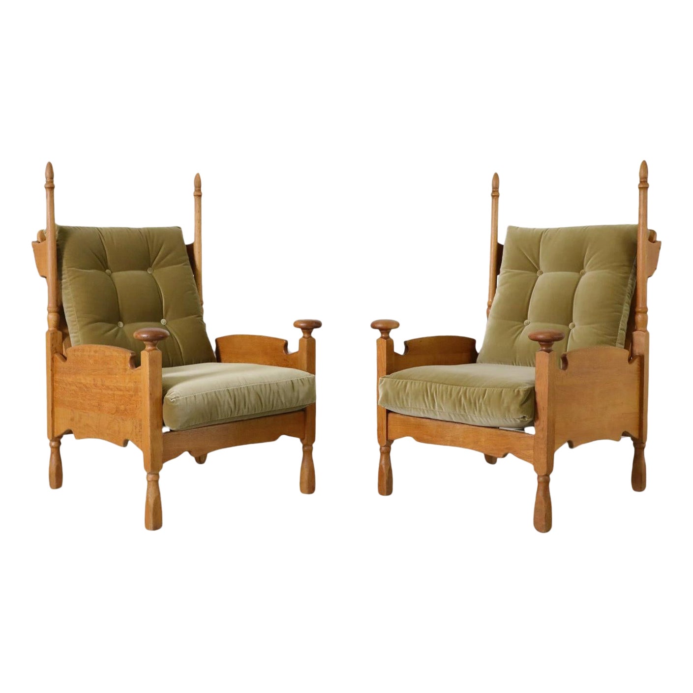 Pair of Brutalist Oak and Green Velvet Throne-Like Lounge Chairs with Finials