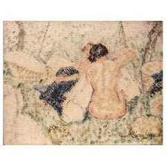 Signed Carlo Cherubini Pastel on Paper Drawing, Two Nude Women 