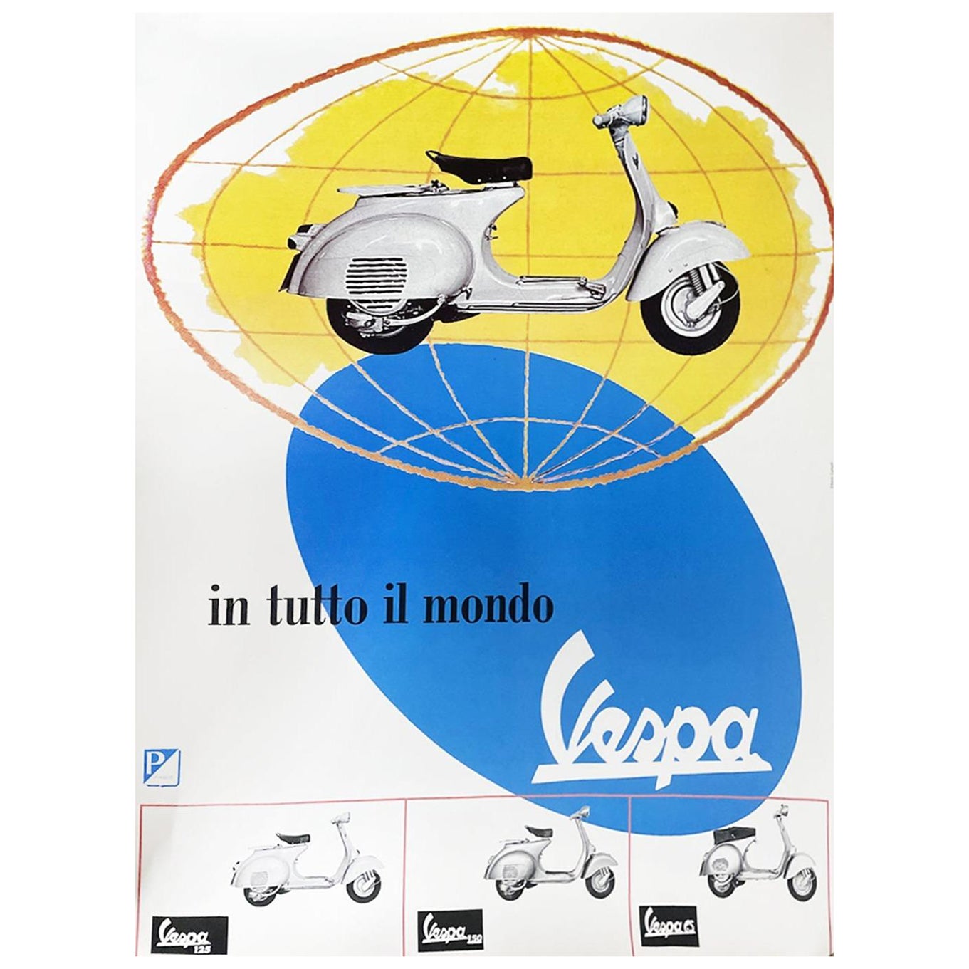 Affiche vintage originale Vespa - In Tutto Il Mondo, 1965 en vente