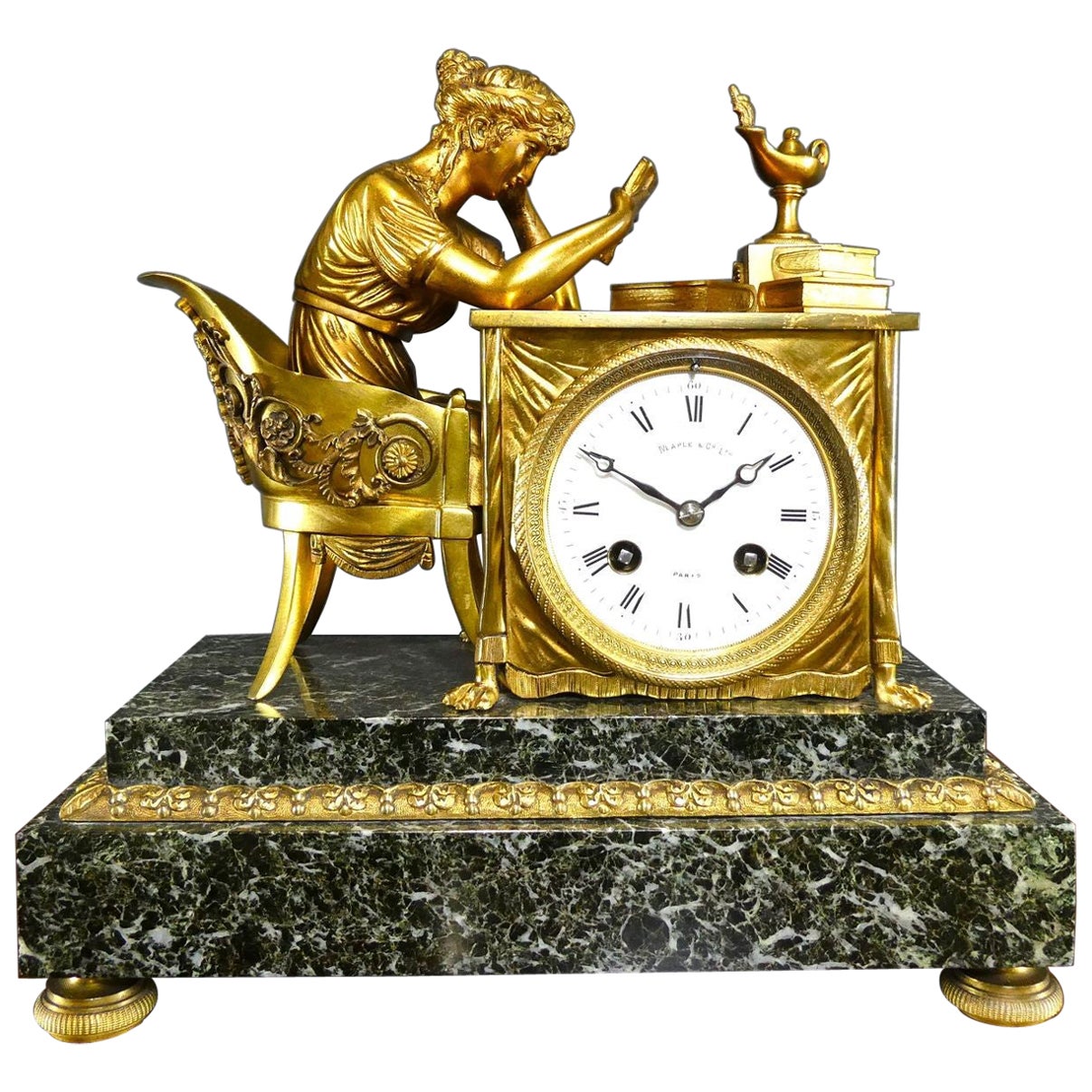 Pendule de cheminée française en bronze doré et marbre vert, Maple & Co, Paris en vente