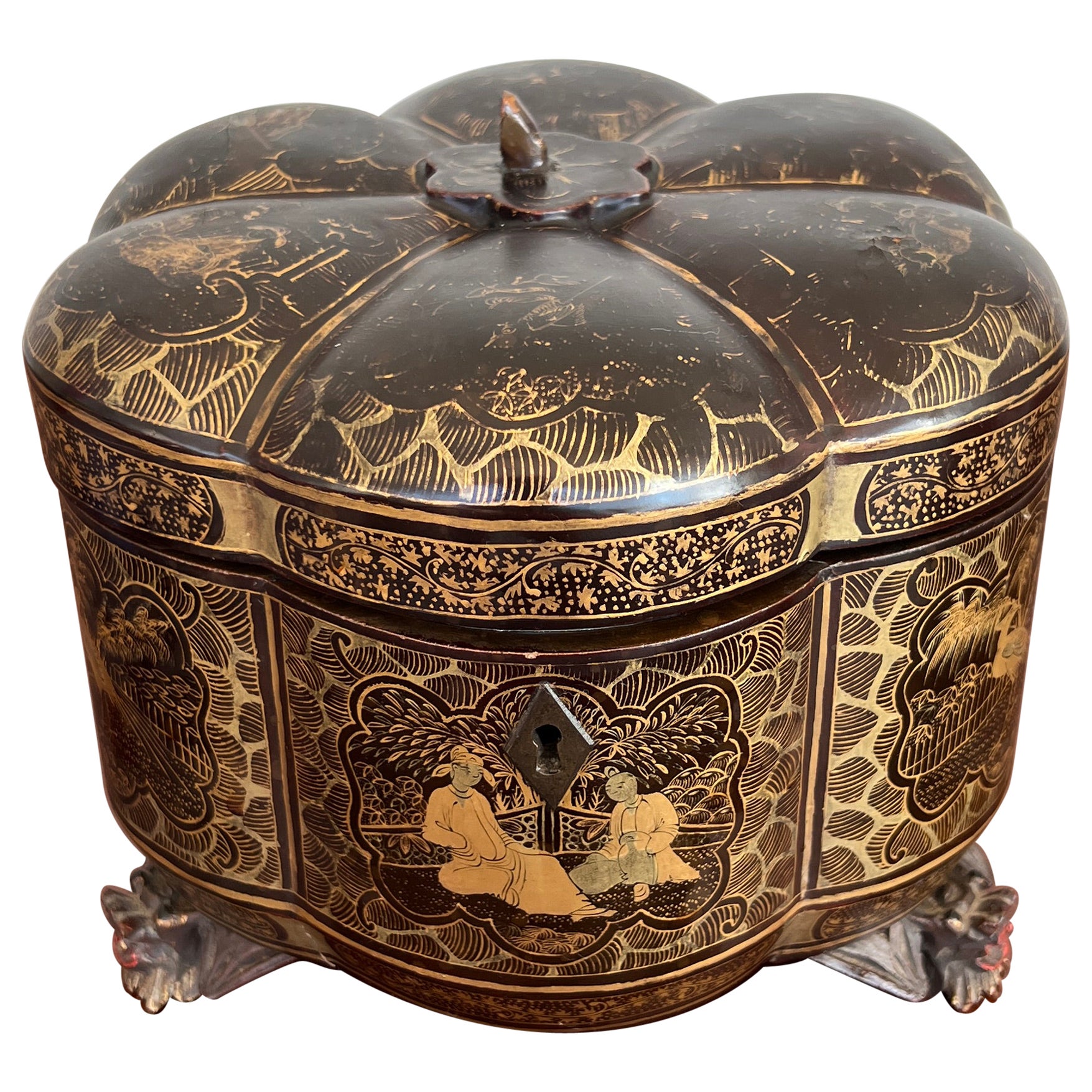 19th Century, Chinese Export Gilt Black Lacquer Melon Form Tea Caddy Box For Sale