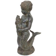 Mid-Century Bronze Mermaid Fountain Holding Fish