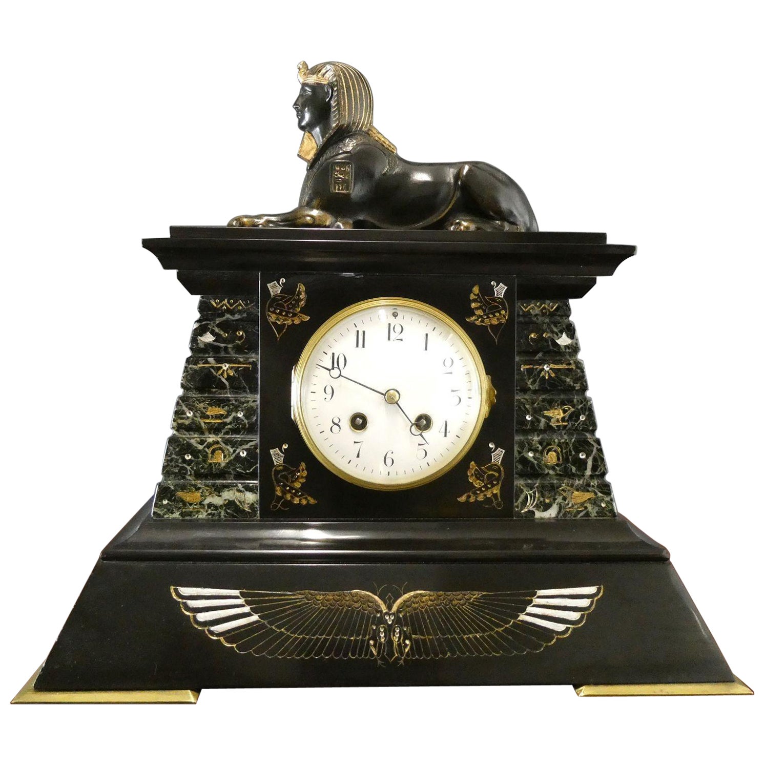 Egyptian Revival Bronze and Marble Mantel Clock For Sale