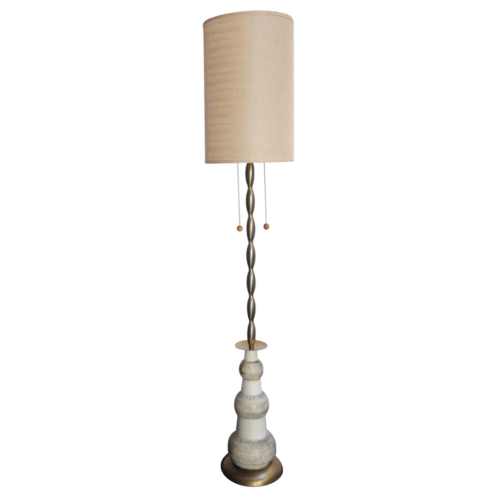 Vintage Ceramic and Brass Graduated Dual Socket Floor Lamp with Shade For Sale