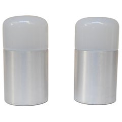 Used Pair of Italian Modern Bedside/Table Lamps in Opaline Glass and Brushed Aluminum