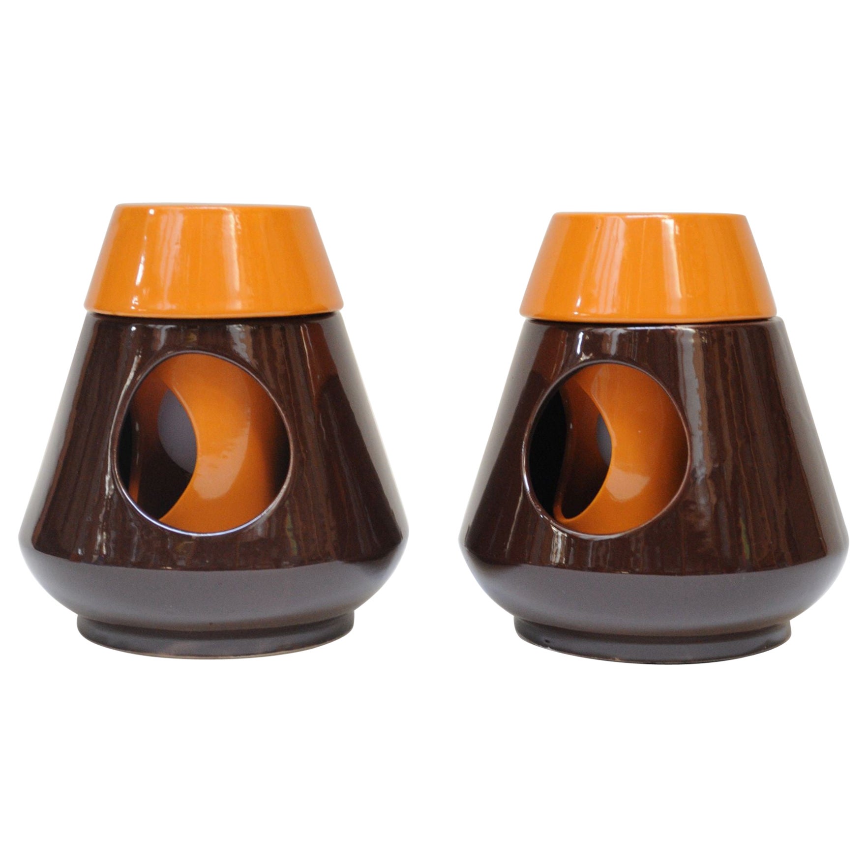 Vintage Italian Modern Ceramiche Capodarco Orange and Brown Bedside/Table Lamps