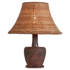Mid Century Pottery Table Lamp in Chamotte and Enamel with Rattan Shade 1950s