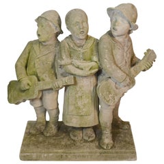 Antique Carved Stone Statue of Children Standing and Singing
