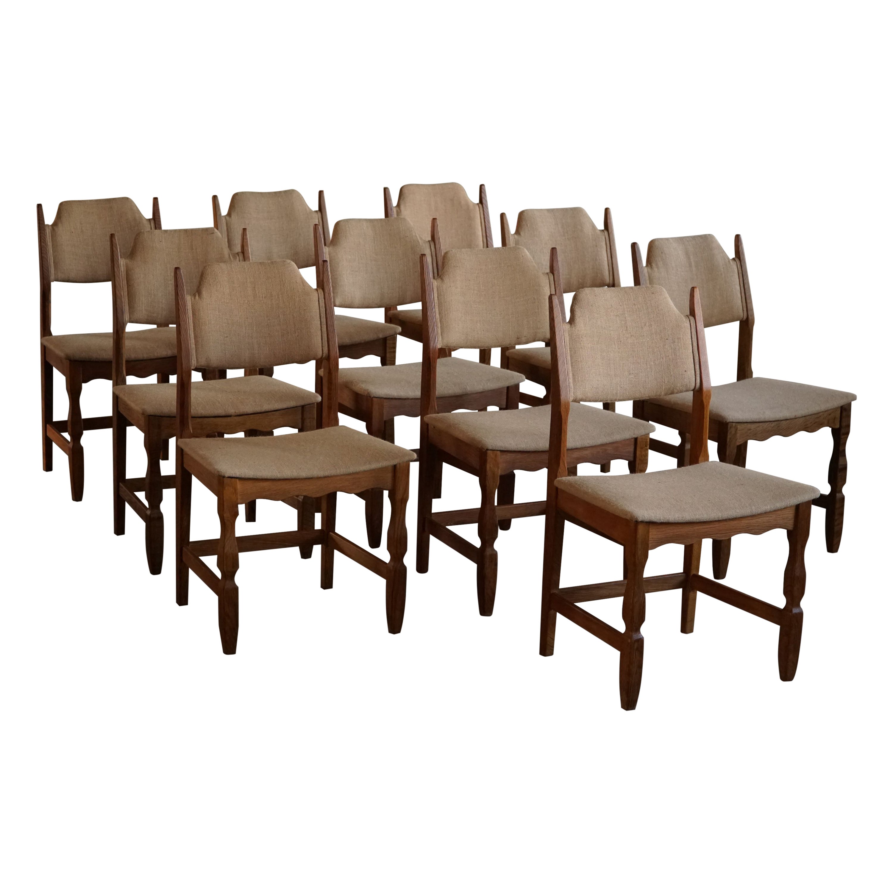 Henning Kjærnulf, Set of 10 Chairs, Oak & Hessian, Mid Century Modern, 1960s