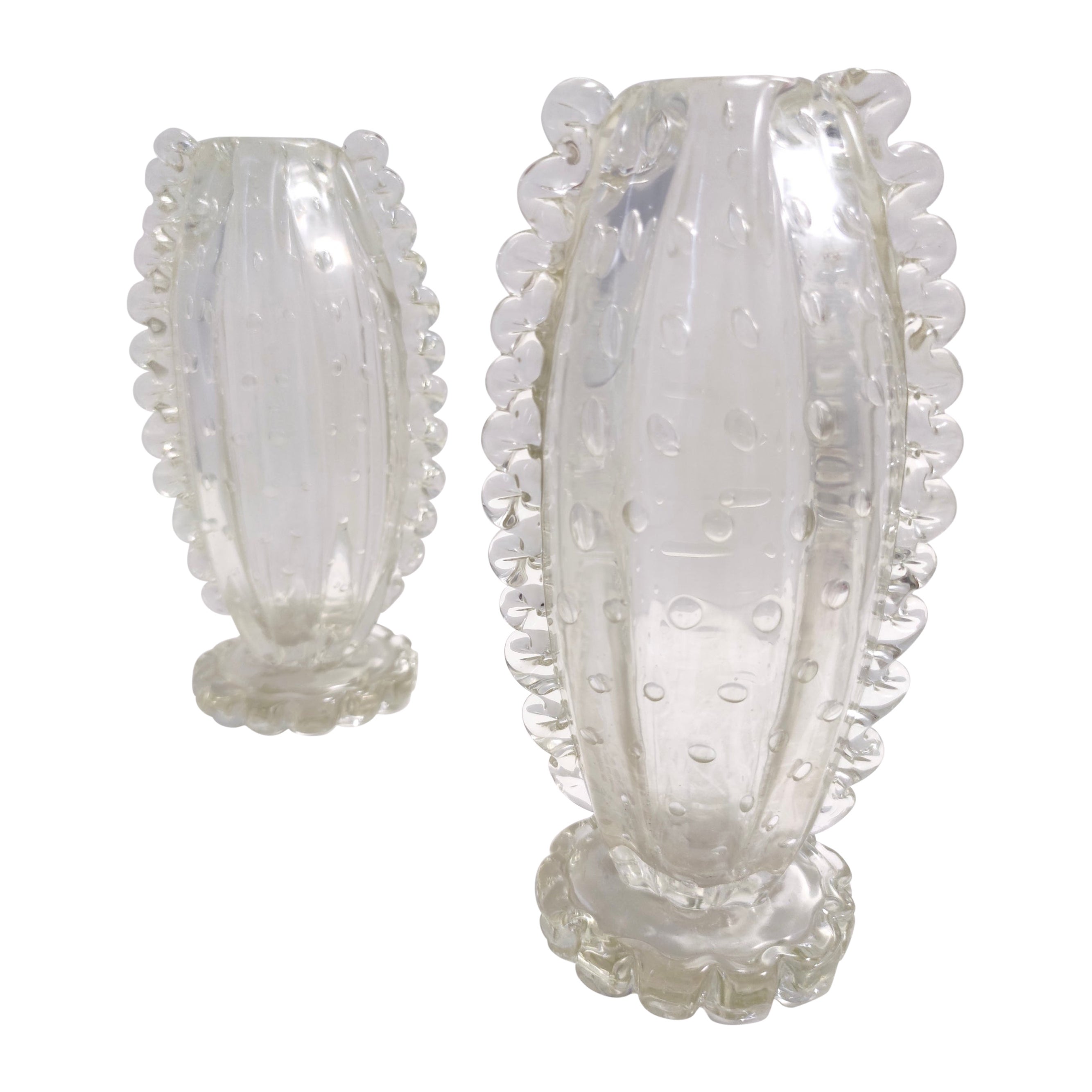Vintage Pair of Transparent Bullicante Murano Glass Vases by Ercole Barovier For Sale