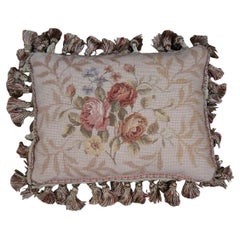 Vintage Down Filled Floral Rose Bouquet Wool Needlepoint Tassel Lumbar Throw Pillow 16"
