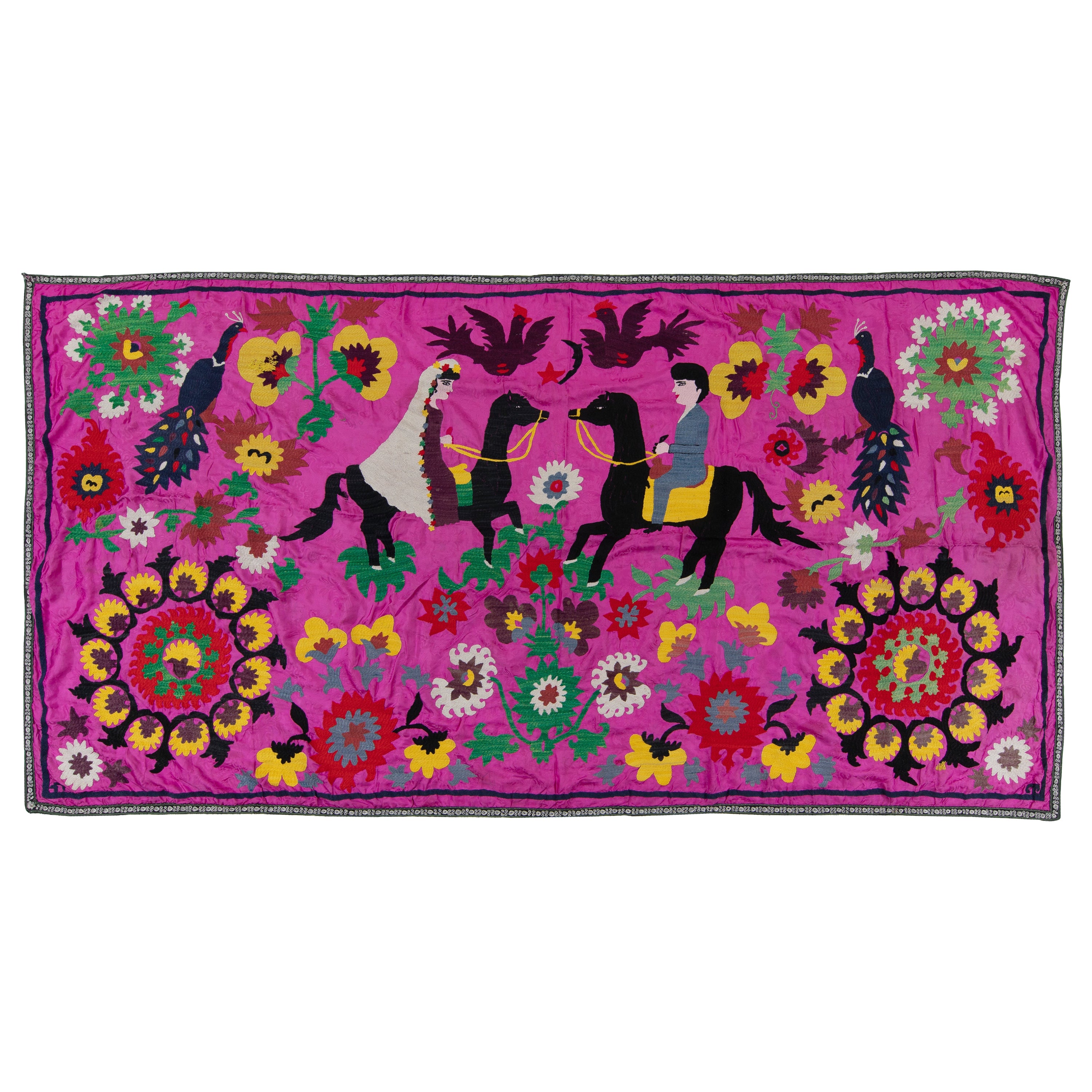 4,7x9 Ft Wandbehang aus Seide mit Stickerei, asiatische Suzani-Tischbezug, rosa Bettweide im Angebot