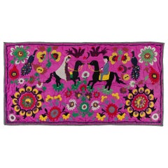 4,7x9 Ft Wandbehang aus Seide mit Stickerei, asiatische Suzani-Tischbezug, rosa Bettweide