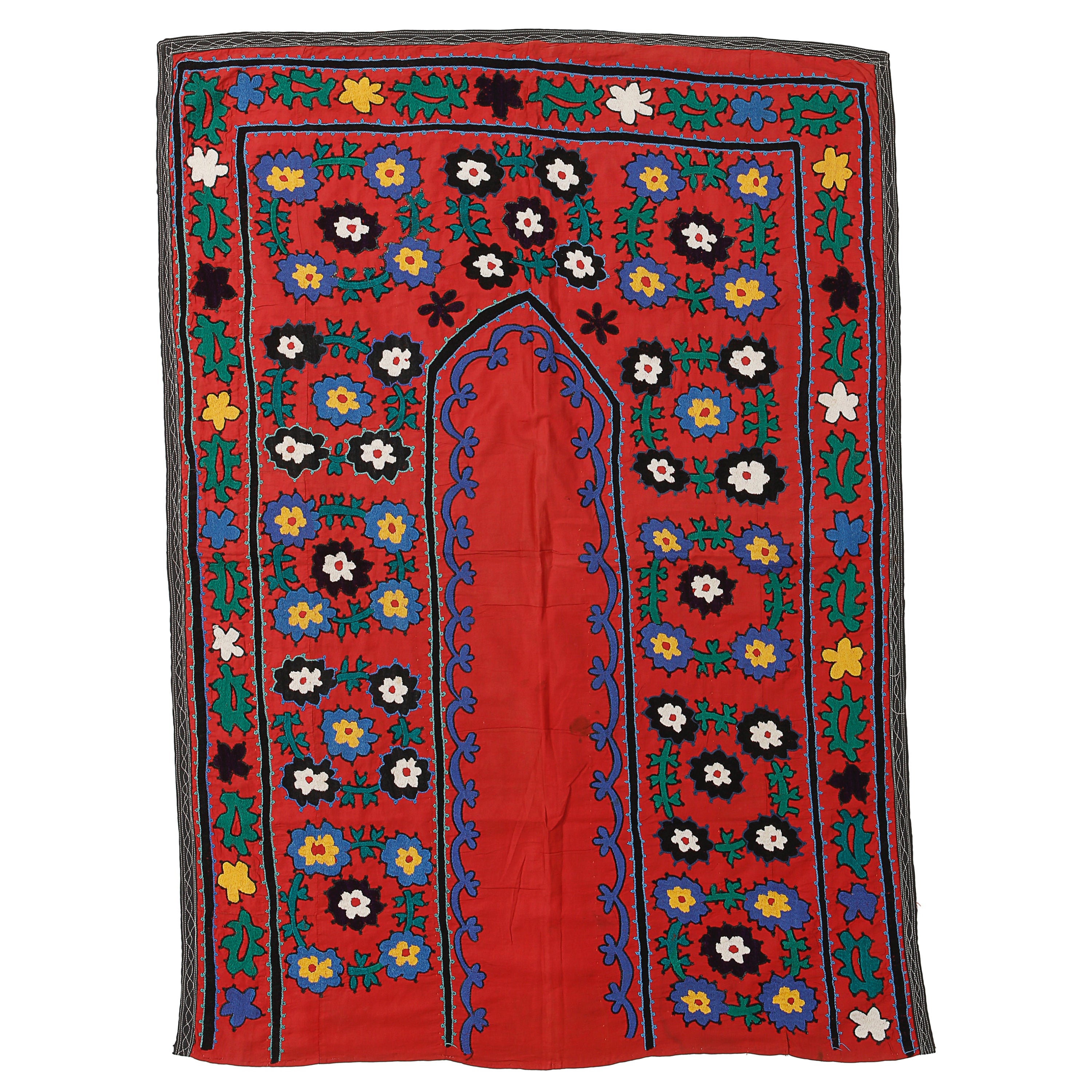 3x6.4 Ft Red Silk Embroidery Wall Hanging, Uzbek Wall Decor, Suzani Tablecloth For Sale