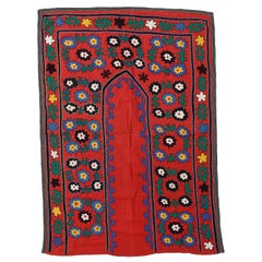 Used 3x6.4 Ft Red Silk Embroidery Wall Hanging, Uzbek Wall Decor, Suzani Tablecloth