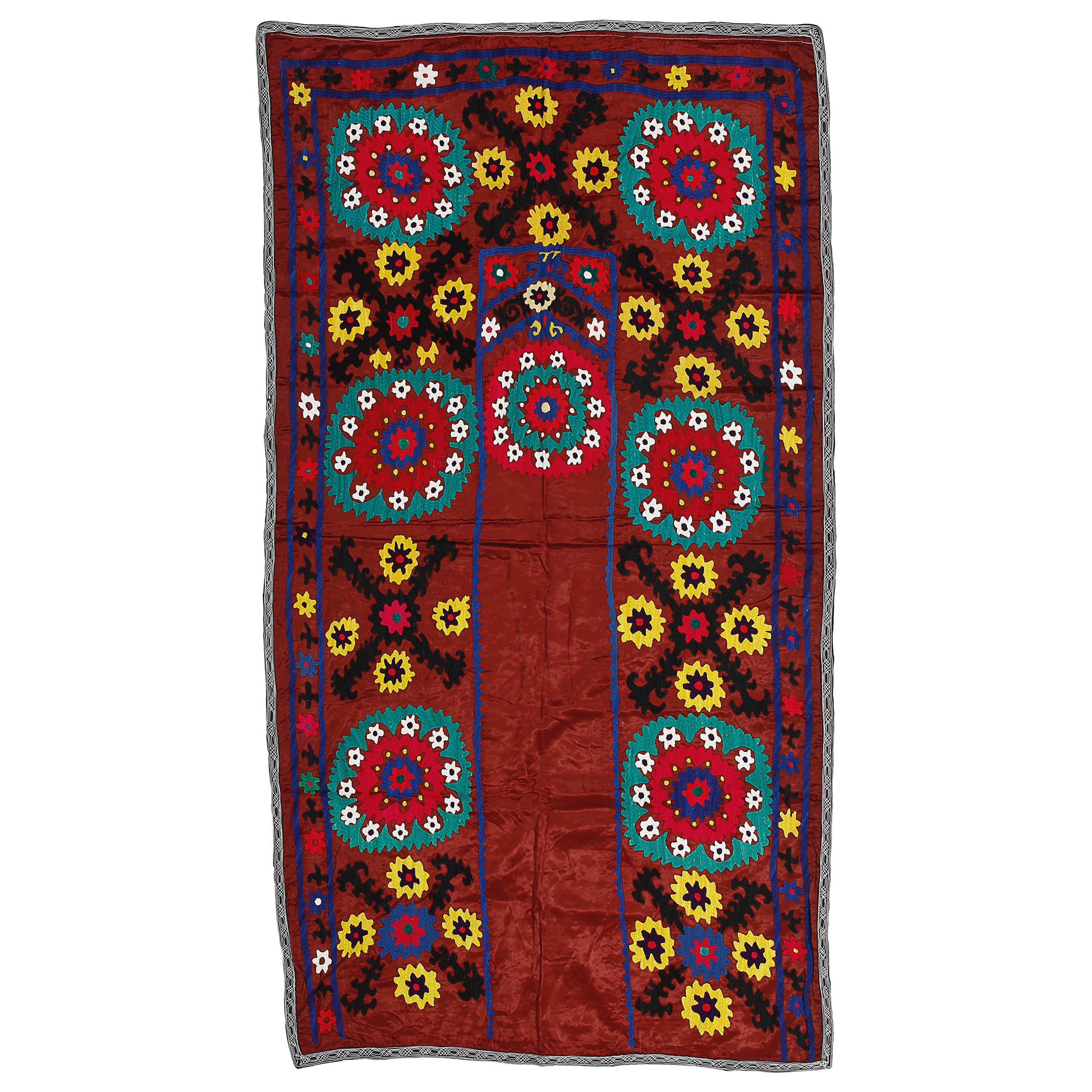3.3x5.8 ft Silk Hand Embroidered Vintage Uzbek Suzani Wall Hanging in Maroon Red