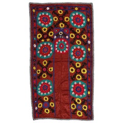 3.3x5.8 ft Silk Hand Embroidered Vintage Uzbek Suzani Wall Hanging in Maroon Red