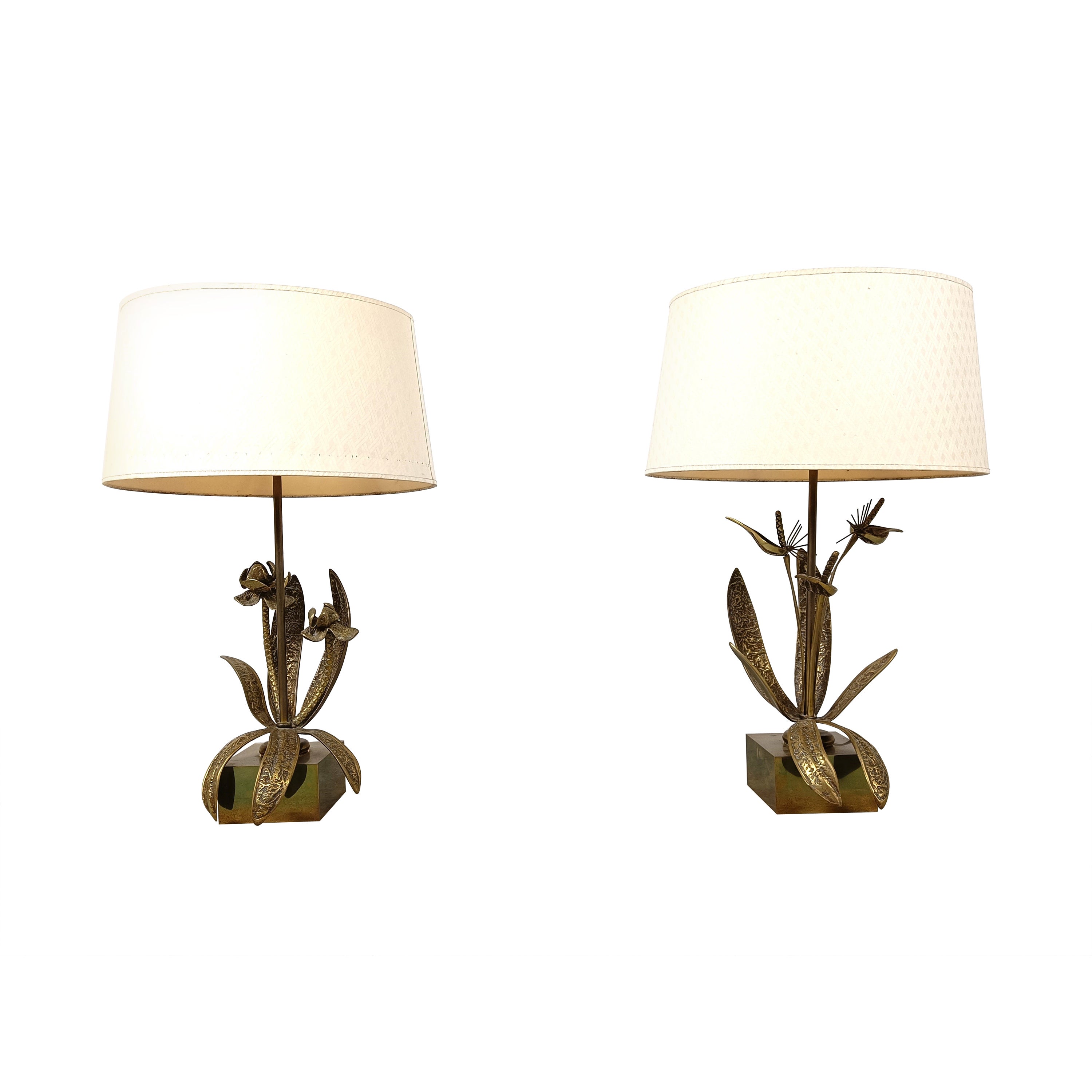 Pair of Bronze flower table lamps, 1970s