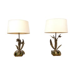 Pair of Bronze flower table lamps, 1970s
