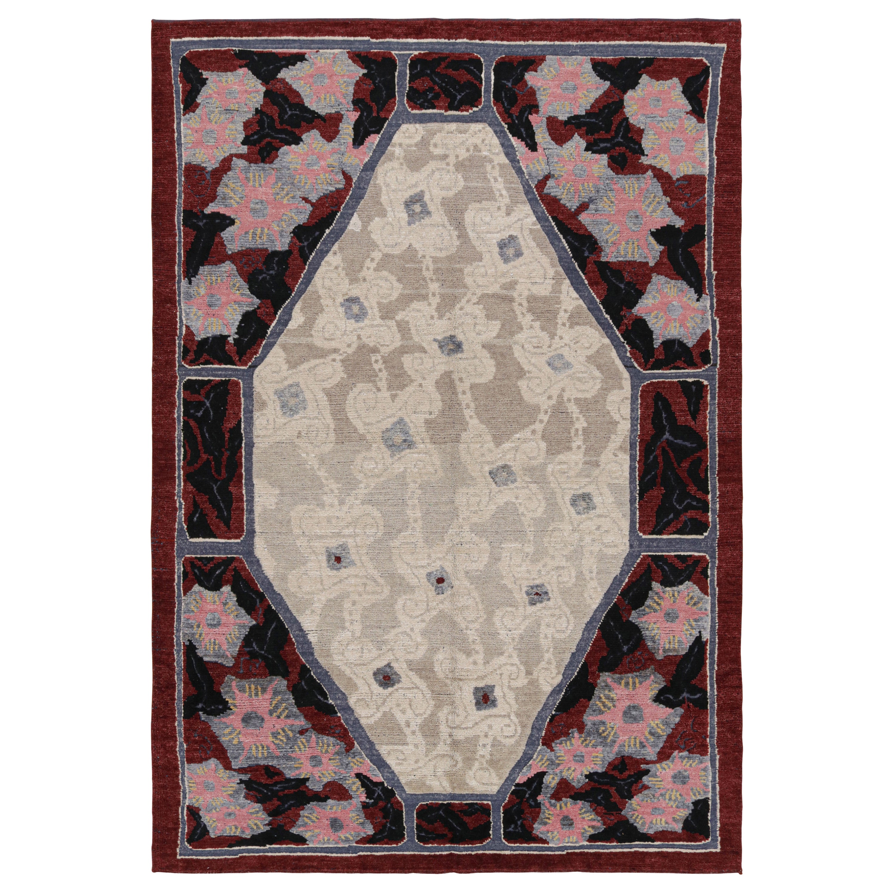 Rug & Kilim’s French Art Deco Rug with with Beige and Red Geometric Patterns  For Sale