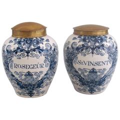 Pair of Antique Delft Blue and White Tobacco Jars with Lids