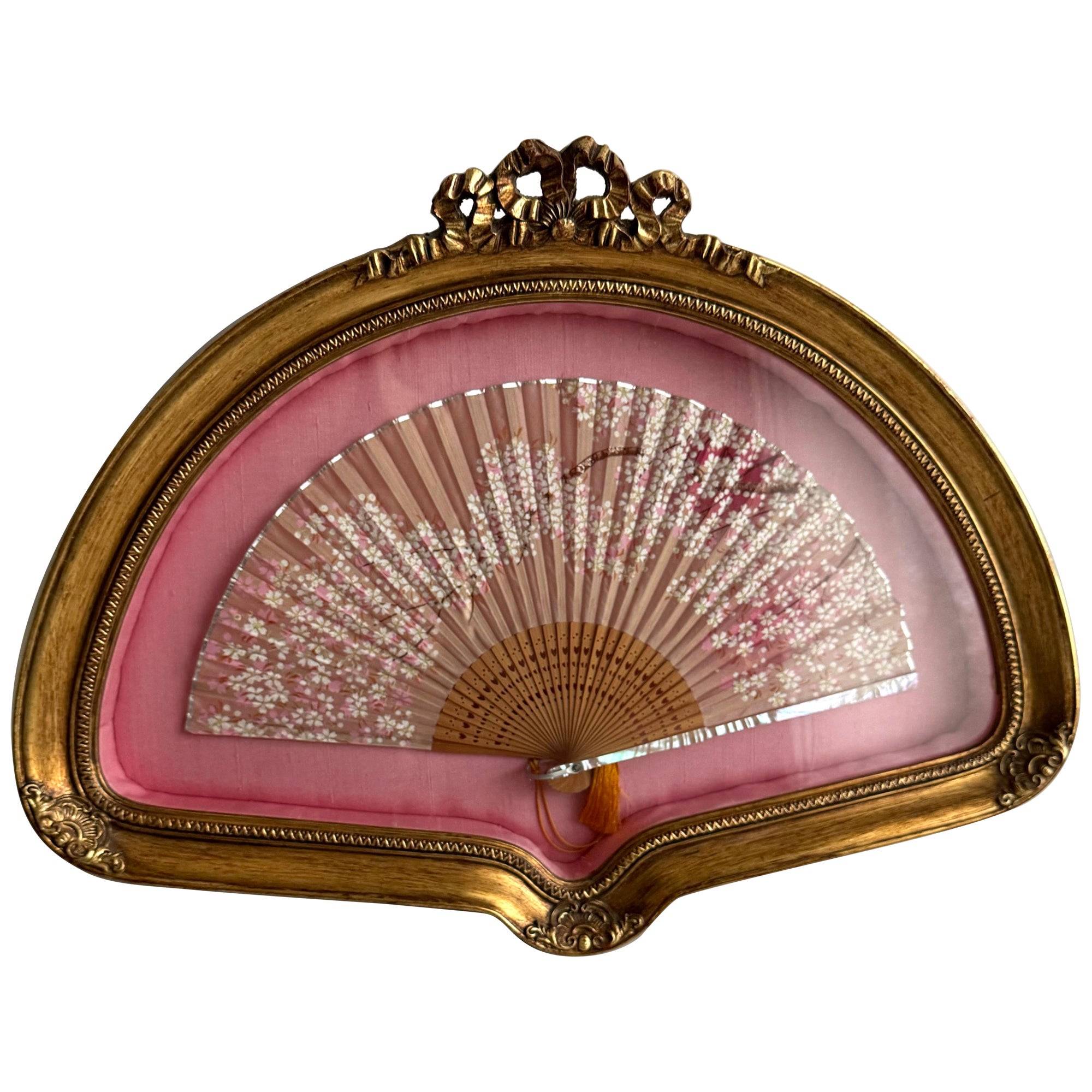 Vintage Japanese Hand Painted Cherry Blossom Fan In Gold Shadow Box Frame     For Sale