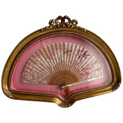Used Japanese Hand Painted Cherry Blossom Fan In Gold Shadow Box Frame    