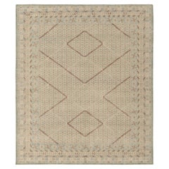 Rug & Kilim's Khotan Style Distressed Rug in Beige Green, Blue Geometric Pattern