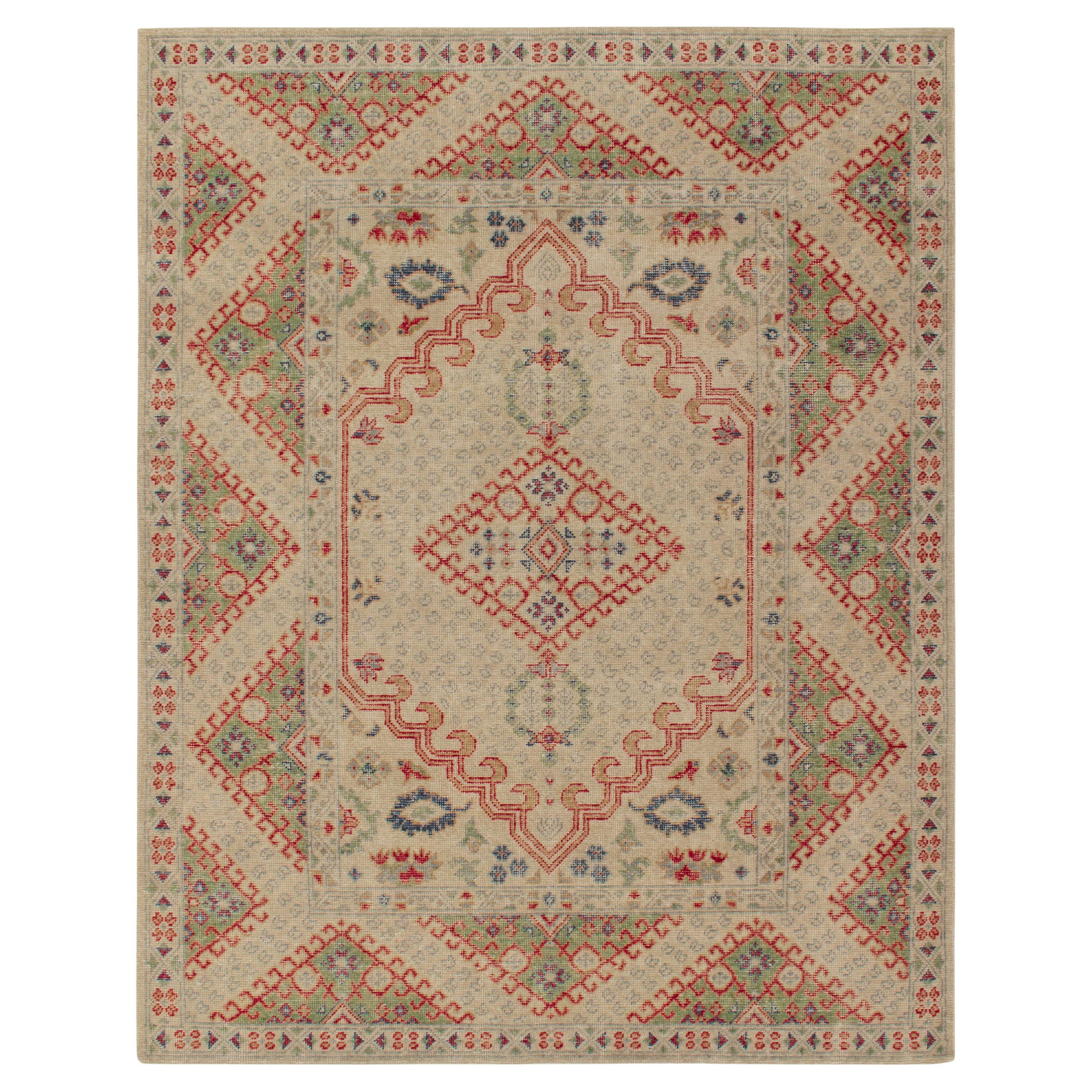Rug & Kilim's Tribal Style Distressed Rug in Green and Red Geometric Pattern For Sale