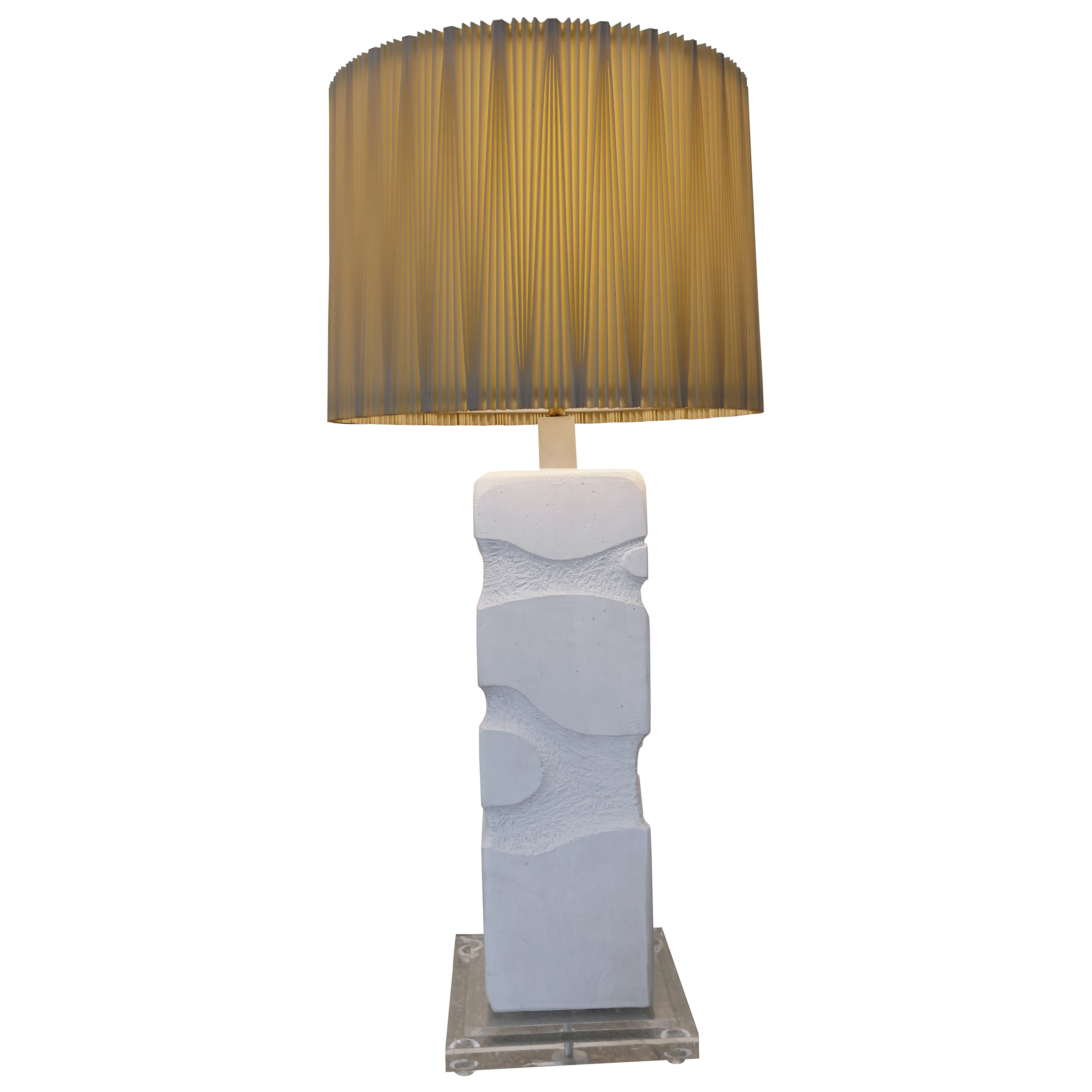 Cool postmodern 1987 table or floor lamp, with a custom made cylindrical pleated shade by Casual Lamps of California. The lamp has a square lucite base and is in great working condition. 